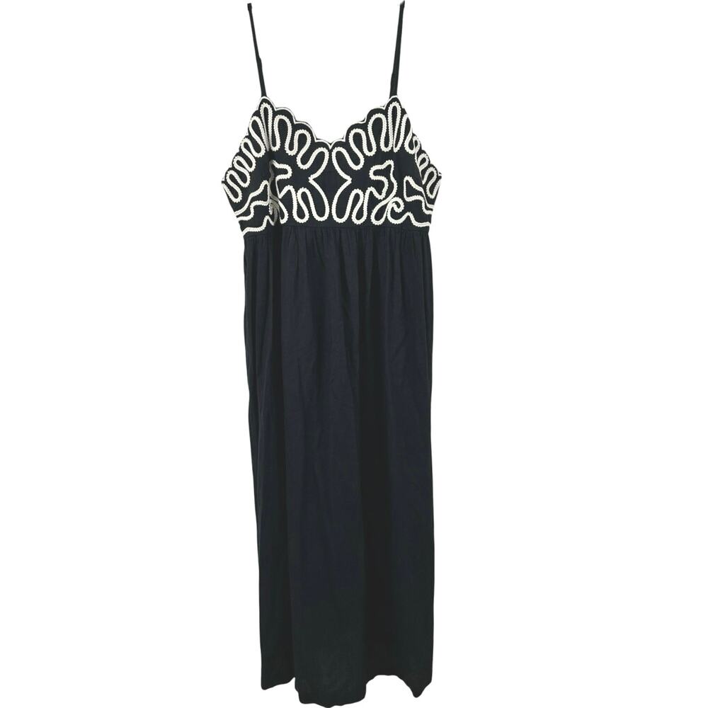 A New Day XXL Black Linen Blend Maxi Dress Embroidered Boho Pockets Strappy